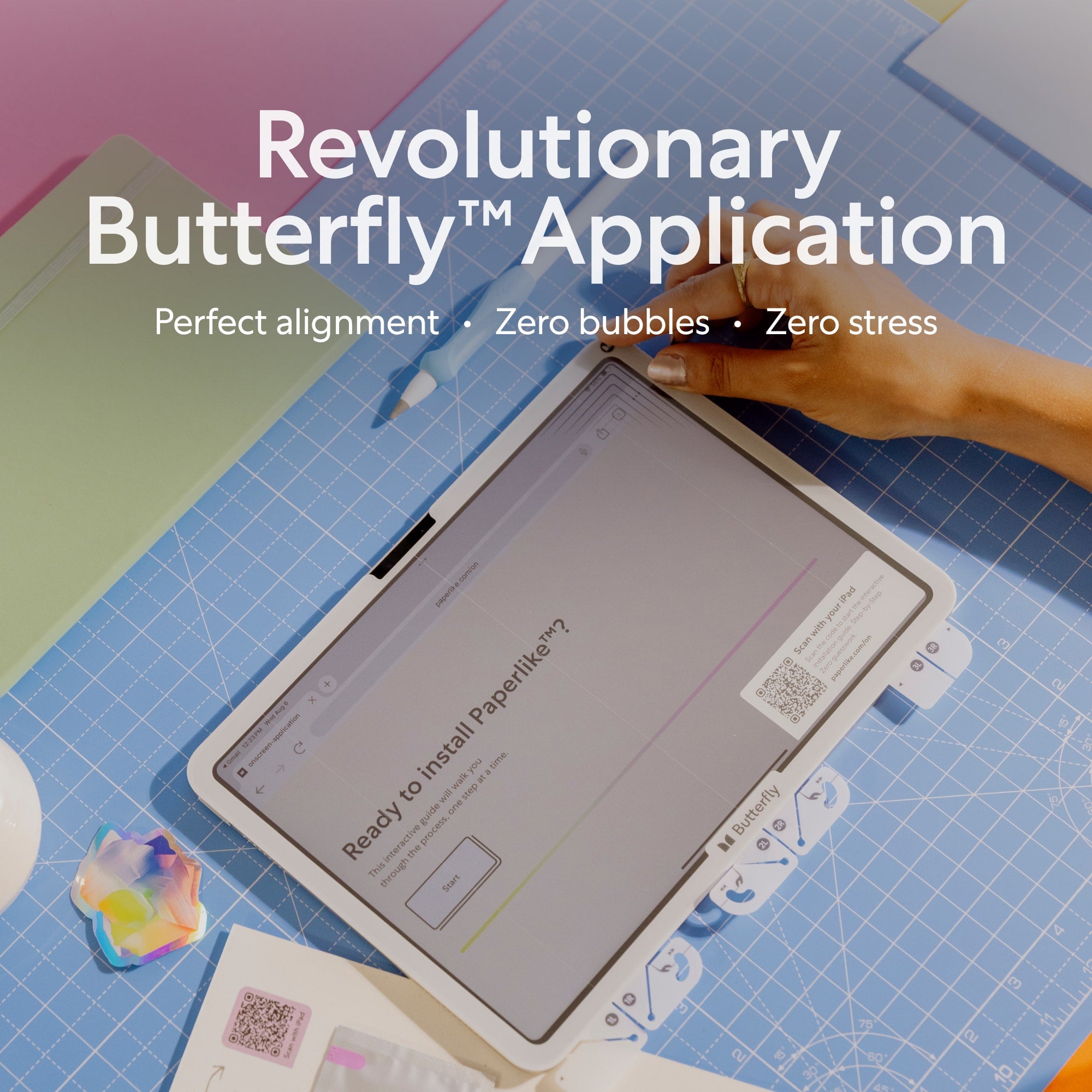 Paperlike with Butterfly Application on a crafting surface with text 'Revolutionary Butterfly Application'.